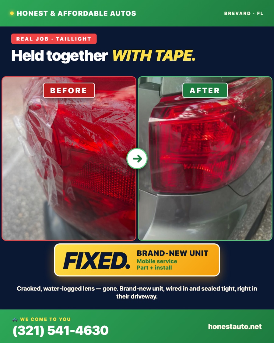 Taillight before and after — cracked and taped vs brand new